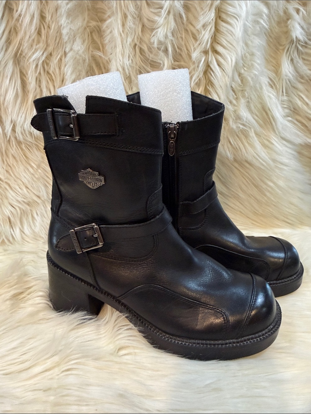 New Harley-Davidson Women’s Black Leather Mid-Calf Buckle Heeled Boots -Size 8.5